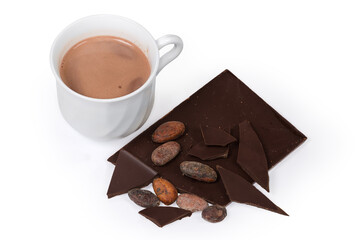 Dried cocoa beans, chocolate pieces and cup of hot cocoa
