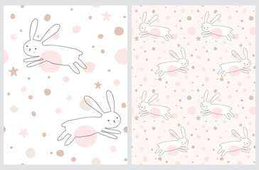 Cute Eater Seamless Vector Patterns with White Bunny. Sweet Rabbits Running Among Pastel Pink and Beige Spots. Lovely Hand Drawn Nursery Art ideal for Fabric, Textile.