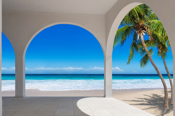 Tropical beach resort with palm trees, white sand and Caribbean sea. Summer vacation and tropical beach concept.	
