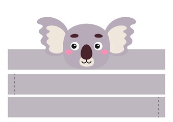 Printable koala paper headband. Party crown die cut template for birthday, christmas, baby shower. Fun accessory for entertainment. Print, cut and glue. Vector stock illustration.