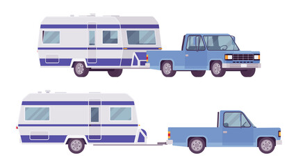 Camper trailer light blue car, covered wagon, family camping trip. Vehicle, transport, sleeping accommodation, traveling motor home. Vector flat style cartoon illustration isolated, white background