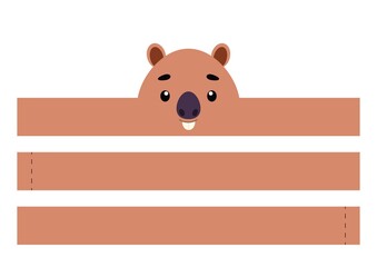 Printable capybara paper crown. Party headband die cut template for birthday, christmas, baby shower. Fun accessory for entertainment. Print, cut and glue. Vector stock illustration.