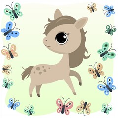 Obraz na płótnie Canvas Little cub foal. Horse. Cheerful kind animal child. Cartoons flat style. Funny. Vector