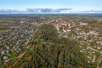 aerial view over the Dobele city in autumn, residential and private house areas, Latvia