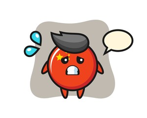 china flag badge mascot character with afraid gesture