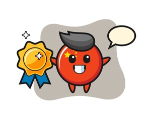 china flag badge mascot illustration holding a golden badge