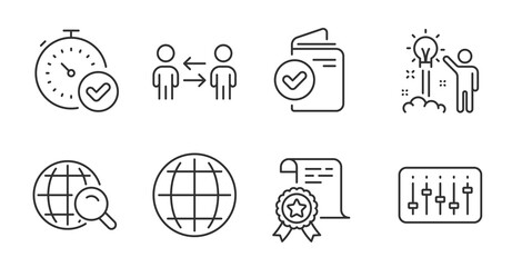 Creative idea, Certificate and Globe icons set. Dj controller, Teamwork business and Internet search signs. Vector