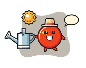Cartoon character of china flag badge holding watering can