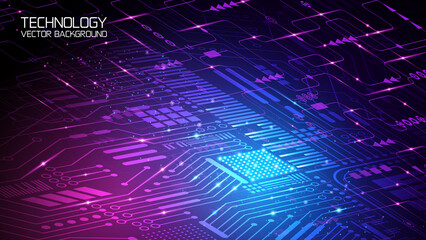 Blue abstract technological background. Vector. Computer board with microprocessor. Electronic electrical circuit. Binary code and microchips. Global internet, mining, social networks. Future.