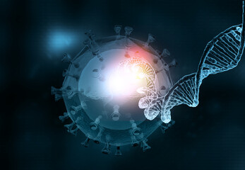 Virus and dna dark background. 3d illustrstion..
