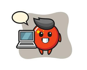 Mascot Illustration of china flag badge with a laptop
