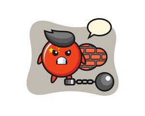 Character mascot of china flag badge as a prisoner