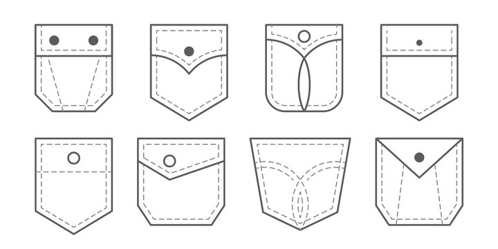 Vector clothing isolated icons set. Patch pocket bag.