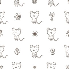 Seamless pattern with cute mice in dresses on  white background. Funny animal print. Doodle floral wallpaper. Fashionable characters poster.