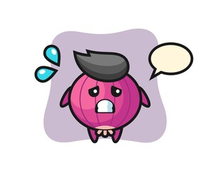 onion mascot character with afraid gesture