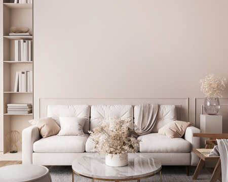 White sofa in living room interior mockup, natural wooden furniture and trendy home accessories on bright beige background, 3d render
