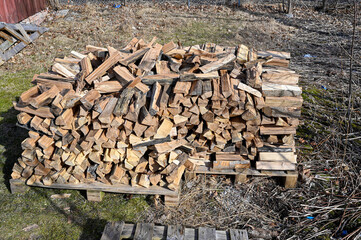 firewood piled outside to dry in spring