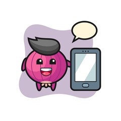 onion illustration cartoon holding a smartphone