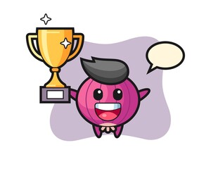 Cartoon Illustration of onion is happy holding up the golden trophy