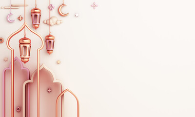 Islamic decoration background with arabic window frame crescent lantern cartoon style, ramadan kareem, mawlid, iftar, isra miraj, eid al fitr adha, muharram, copy space text, 3D illustration.