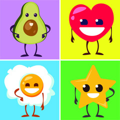 A set of cute cartoon characters with pens and legs. Vector illustration. Avocado, fried eggs, star and heart.