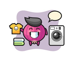 Mascot cartoon of onion with washing machine