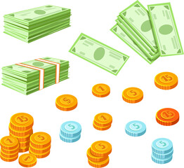 Money. Vector packages of banknotes from different angles. Heap of cash Isometric illustration. In a flat cartoon style. Vector on white background. Piles of gold and silver coins.