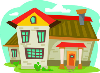 A large two-story apartment house. Vector illustration. Comic cartoon style. On a white background.