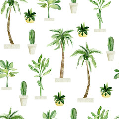 Watercolor tropical plants in pots seamless pattern. Jungle summer floral, palm tree, monstera, cactus for wrapping paper, wallpaper decor, textile fabric.