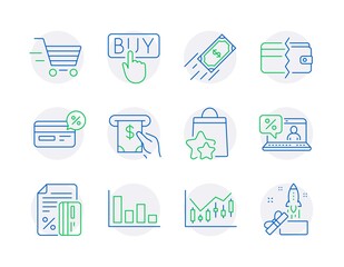 Finance icons set. Included icon as Cashback, Financial diagram, Histogram signs. Vector