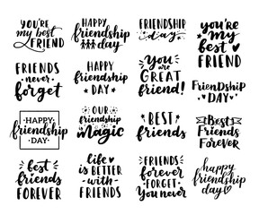 Happy Friendship Day cute hand lettering big set. Best friends forever. Greeting card typography template. Modern calligraphy design elements, quotes, friend phrase.