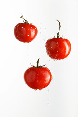 Juicy red tomatoes in spray of water. Juicy tomato with splash on white background.