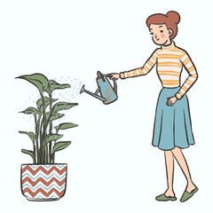 girl watering plants hand drawn illustration