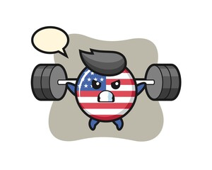Fototapeta na wymiar united states flag badge mascot cartoon with a barbell