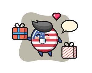 united states flag badge mascot cartoon giving the gift