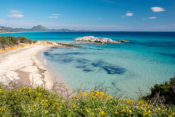 crystal clear water and white sand in Scoglio di Peppino beach, Costa rei, Sardinia