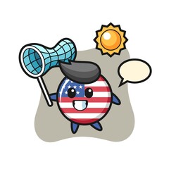 united states flag badge mascot illustration is catching butterfly