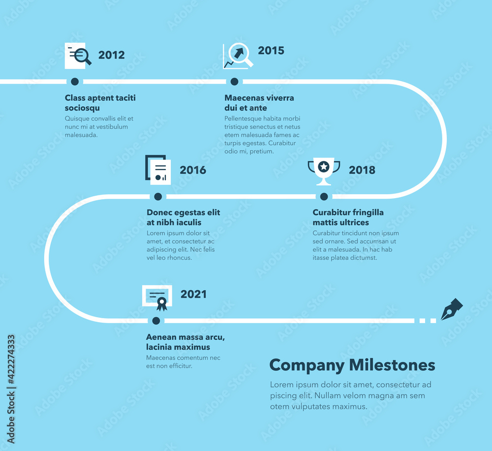 Poster modern company milestones timeline template - blue version. easy to use for your website or presenta