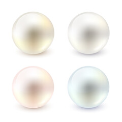 Vector balls collection. Realistic different color pearls set. 3d glossy balls isolated on white background. Pink, gold, silver, blue nacreous bead, precious gems, sea pearl. Vector image EPS10