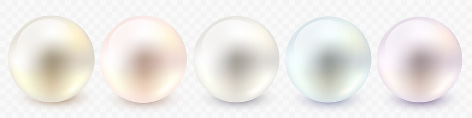 Realistic different colors pearls set. 3d glossy spheres collection isolated on white background. Nacreous bead, precious gem, round colored nacre from the shell of a pearl oyster. Vector illustration
