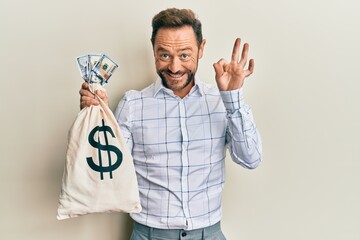 Middle age man wearing business shirt holding dollars bag doing ok sign with fingers, smiling...