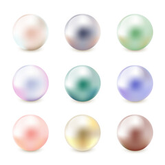 Vector balls collection. Realistic different color pearls set. 3d glossy balls with shadow isolated on white background. Pink, gold, silver, blue nacreous bead, precious gems. Vector image EPS10