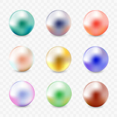 Vector balls collection. Realistic different color pearls set. 3d glossy balls with shadow isolated on white background. Pink, gold, silver, blue nacreous bead, precious gems. Vector image EPS10
