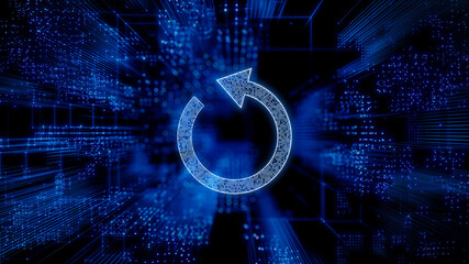 Reload Technology Concept with refresh symbol against a Futuristic, Blue Digital Grid background. Network Tech Wallpaper. 3D Render 