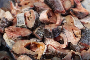 fish steaks in bowl fish cut in steaks for curry preparation