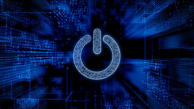 Activate Technology Concept with power symbol against a Futuristic, Blue Digital Grid background. Network Tech Wallpaper. 3D Render 