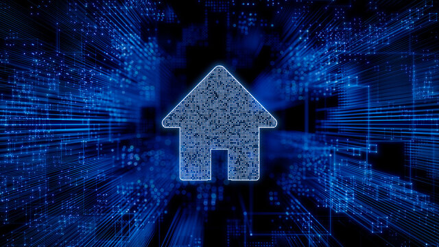 Internet Technology Concept with home symbol against a Futuristic, Blue Digital Grid background. Network Tech Wallpaper. 3D Render 