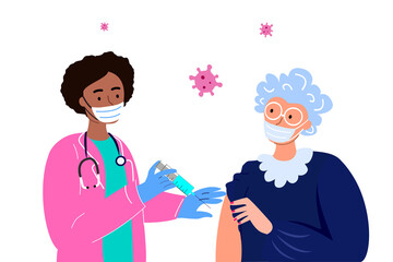 Afriacn Nurse Doctor Support and Vaccinate Old Retired Woman.COVID pandemic Inoculation Concept illustration for immunity health.Elderly Senior Lady in hospital.Doctor in a medical Uniform.Flat Vector