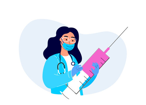 Doctor Scientist Woman Researcher Holding Ready for Clinical Trial Covid Vaccine. Preparing For Global Vaccination against Coronavirus. Immunization Campaign Concept. Flat Cartoon Vector Illustration.
