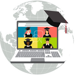 illustration on the topic of international online education with the help of modern technologies. 
on the laptop screen, students are graduates of different nationalities. stock vector illustration. 